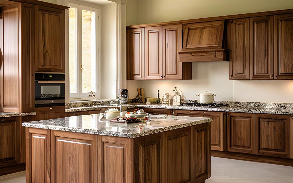 Cucina classica in legno di noce con isola centrale, piano in granito e ante artigianali in una villa storica del Lazio