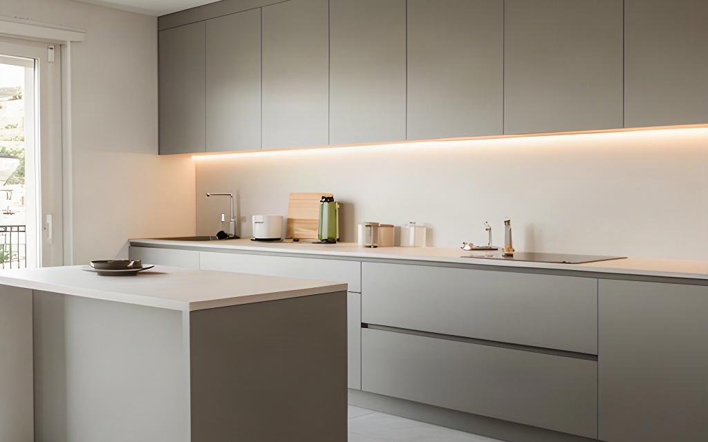 Cucina moderna laccata opaca con isola centrale, top in quarzo e illuminazione LED integrata in un appartamento di Anzio