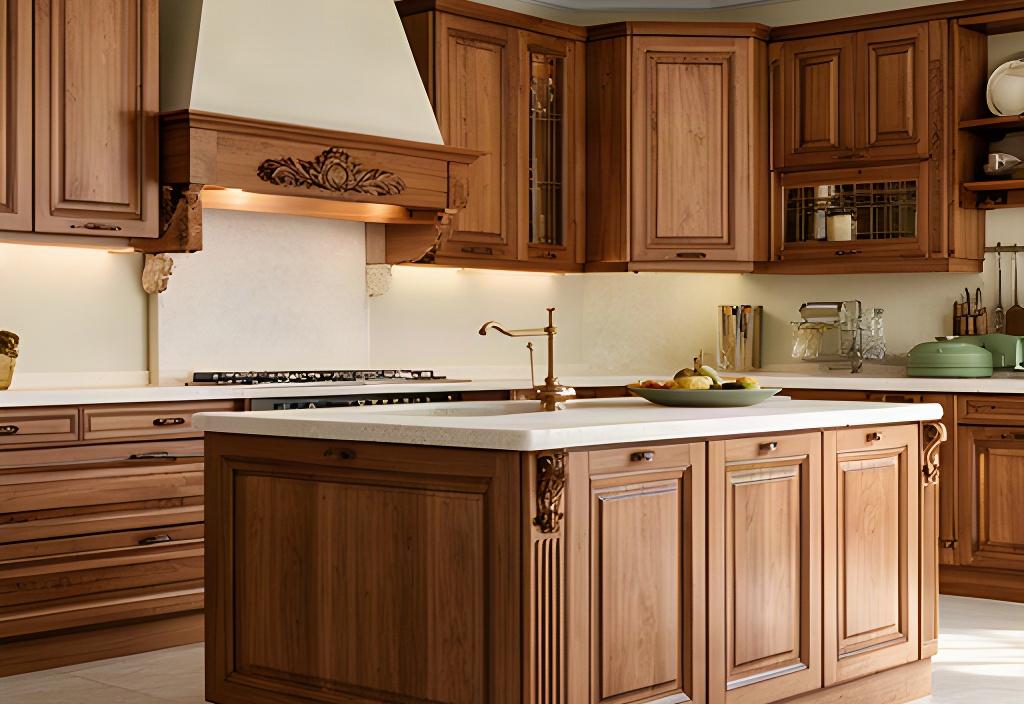 Cucina classica ad Anzio con isola centrale in legno di noce e dettagli intagliati a mano